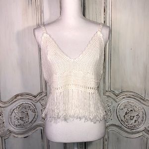 POL Crocheted Boho Fringe Crop Top Size L